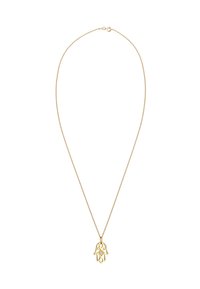 Guldhalskæde med en delikat kæde og en hamsa hånd pendant, der har et indviklet udskæringsdesign og en lille indbagt ædelsten.