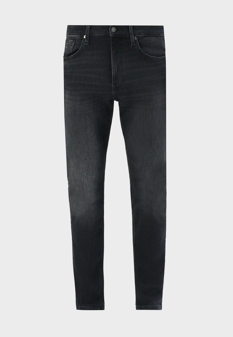 Slim-fit black washed jeans with front pockets, belt loops, and button closure, displayed on a plain light background.