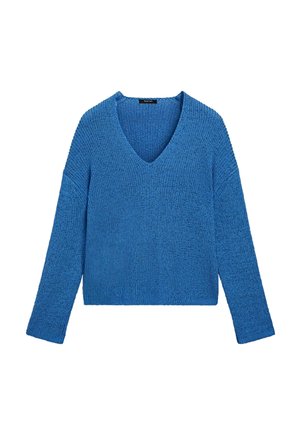 Blauer Strickpullover mit langen Ärmeln und V-Ausschnitt, versehen mit einem strukturierten Rippmuster.