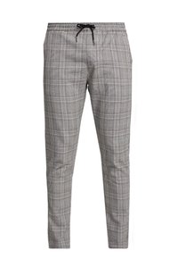 Men’s slim-fit trousers with gray and black plaid pattern, elastic waistband, and black drawstring tie.