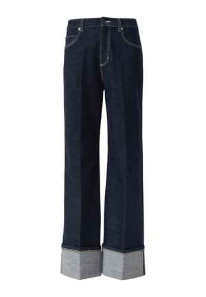 Dunkelblaue Jeans aus breitem Denim mit hoher Taille und großer Manschette aus hellem Denim, versehen mit kontrastierenden weißen Nähten und einem Fünf-Taschen-Design.