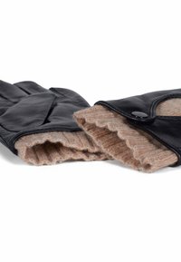 Svarte skinnhansker med en strikket beige fôr, med en fold-over design og en svart knappdetalj.