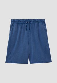 Blauwe shorts van lichtgewicht stof, met een elastische tailleband en een trekkoord, en zijzakken. Gladde textuur, casual ontwerp.