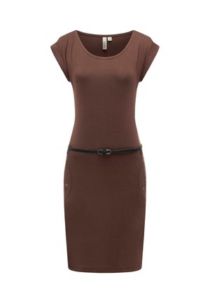 Brun kortærmet tætsiddende kjole med rund halsudskæring, to sidelommer med knapper og et tyndt sort bælte i taljen.