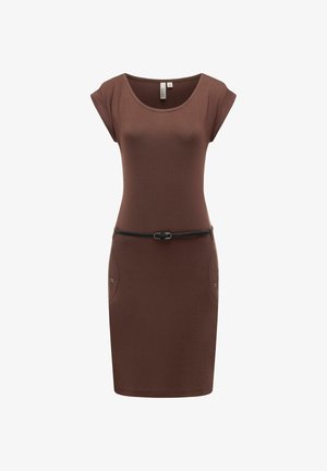 Brun kortærmet tætsiddende kjole med rund halsudskæring, to sidelommer med knapper og et tyndt sort bælte i taljen.