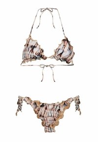 Set di bikini a due pezzi con top triangolare con laccetti sul retro e parte inferiore con laccetti laterali. Realizzato in tessuto testurizzato con un motivo marmorizzato in beige e marrone.