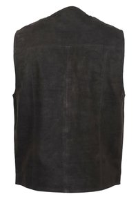 Brun mockalädersväst utan ärmar, med en slät yta och subtila sömmar, som visar en enkel, odekorerad design.