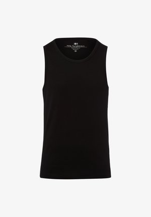 Schwarzes ärmelloses Baumwoll-Top mit Rundhalsausschnitt und lockerem Schnitt, Größe Medium, Etikett "Nils Sundström Stockholm" innen am Kragen.