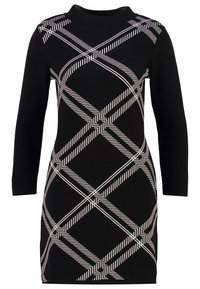 Czarna sukienka z długimi rękawami, zdobiona białym geometrycznym wzorem w kratkę. Wykonana z miękkiego materiału, z wysokim dekoltem i dopasowanym krojem.