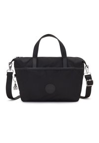 Sac à main rectangulaire noir avec double anses, bandoulière amovible, poche zippée à l'avant, et emblème en forme de rond centré sous les anses.