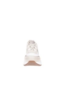 Athletic sneaker with a white and light gray mesh upper, textured accents, and a cushioned, light-colored sole. Laces are prominently displayed.