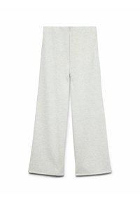 Jasnoszare szerokie spodnie wykonane z miękkiego materiału o gładkiej fakturze i wyraźnych szwach, charakteryzujące się prostym krojem i brakiem widocznych elementów metalowych.