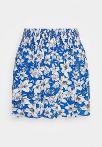 Calções florais azuis com uma cintura elástica. Apresenta padrões de flores brancas e pretas em um fundo azul vibrante. Tecido leve.