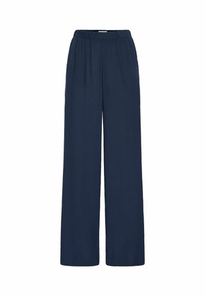 Navy wide-leg trousers made from lightweight fabric, featuring a gathered elastic waistband and front pleats for added detail.
