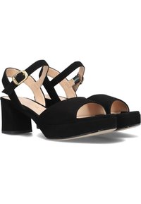 Zwarte suede blockhak sandalen met open tenen, gekruiste banden en een gouden gesp accent aan de zijkant. Soepele binnenvoering.