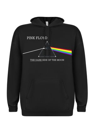 Zwarte hoodie met het "Dark Side of the Moon" ontwerp, voorzien van een prisma en regenboogaccenten. Boven en onder de afbeelding staat de tekst "PINK FLOYD".