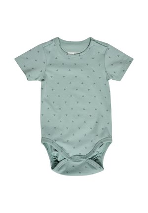 Lys grøn kortærmet babybody lavet af bomuld, med små mørkeblå geometriske mønstre, trykknaplukning ved skulderen og elastisk bund.