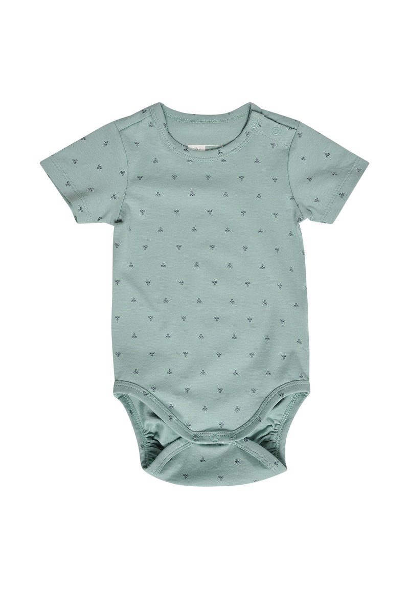 Ljusgrön kortärmad babybody i bomull, med små mörkblå geometriska mönster, tryckknappsstängning vid axeln och elastisk nederkant.