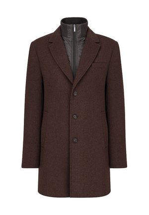 Brązowy płaszcz z wełny z klapami, czterema guzikami z przodu, pojedynczą kieszenią na piersi i wysokim kołnierzem. Teksturowane wykończenie materiału.