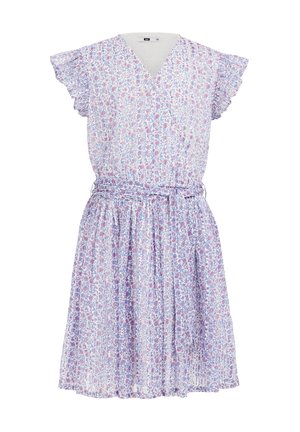 Florales knielanges Kleid mit V-Ausschnitt, gerafften kurzen Ärmeln, taillierter Passform und Bindegürtel in weichen Pastellfarben.