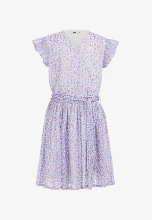 Robe fleurie longueur genou avec col en V, manches courtes volantées, taille cintrée et ceinture à nouer dans des couleurs pastel douces.
