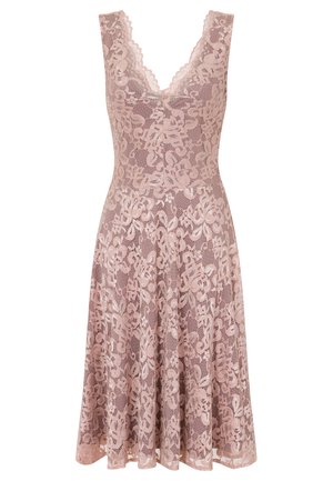Spitzenkleid in zartem Rosa mit eng anliegendem Oberteil, V-Ausschnitt und ausgestellt Rock. Mit einem filigranen Blumen-Spitzenmuster und gewellten Kanten.