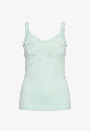 Vaaleansininen hihaton paita, jossa on pitsiset olkaimet ja yläosassa etupuolella ripoteltuja pieniä hopeisia niittejä.