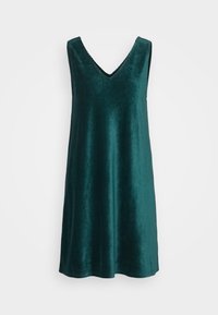 Teal, ribbed sametime, jossa on syvä V-mallinen kaula-aukko ja hihaton muotoilu, löysä istuvuus ja polvipituinen helma.