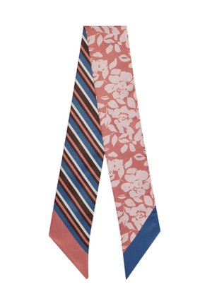Long narrow scarf with one side featuring pink and white floral print and the other side striped in blue, brown, pink, and white.