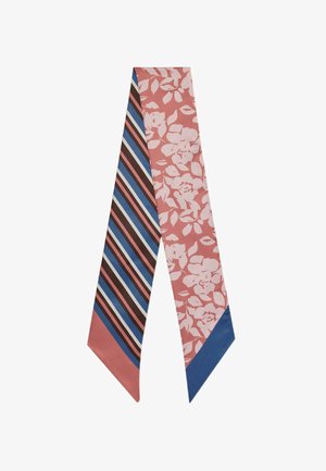 Lange smalle sjaal met aan de ene kant een roze-witte bloemenprint en aan de andere kant gestreept in blauw, bruin, roze en wit.