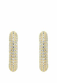 Guldörhängen med ringform prydda med flera klara kristaller. Ytan har ett texturerat, intrikat mönster. Oval form med släta kanter.