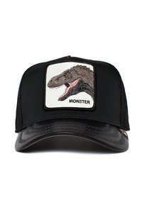 Black cap with a mesh back, featuring a rectangular patch of a dinosaur's head with the word "MONSTER" below. Curved visor with a textured finish.