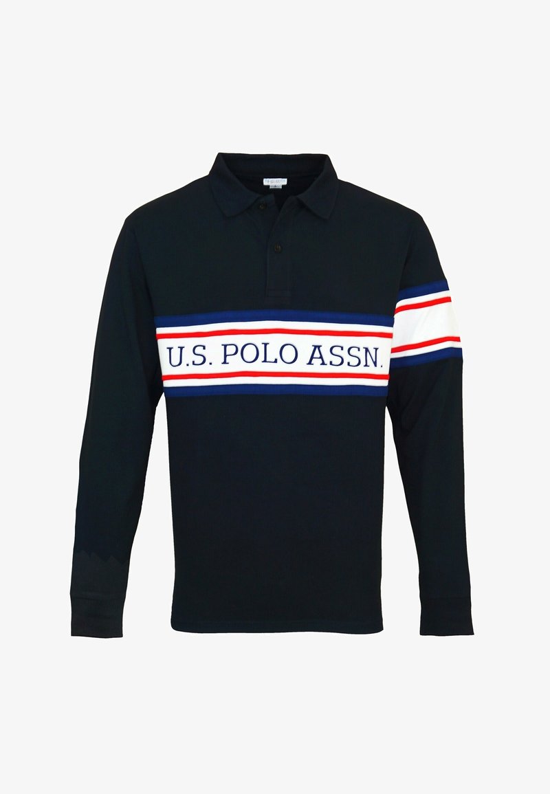 Marineblaues Langarm-Polohemd mit einem weißen, roten und blauen horizontalen Streifen, dem Logo "U.S. POLO ASSN.", zwei Knöpfen und gerippten Bündchen.