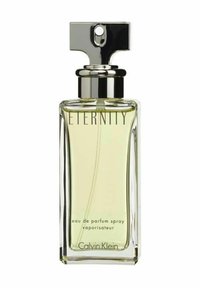 Calvin Klein Eternity parfumflaske; rektangulær glas, sølv hardware, klar væske, prægede bogstaver på fronten, minimalistisk design.
