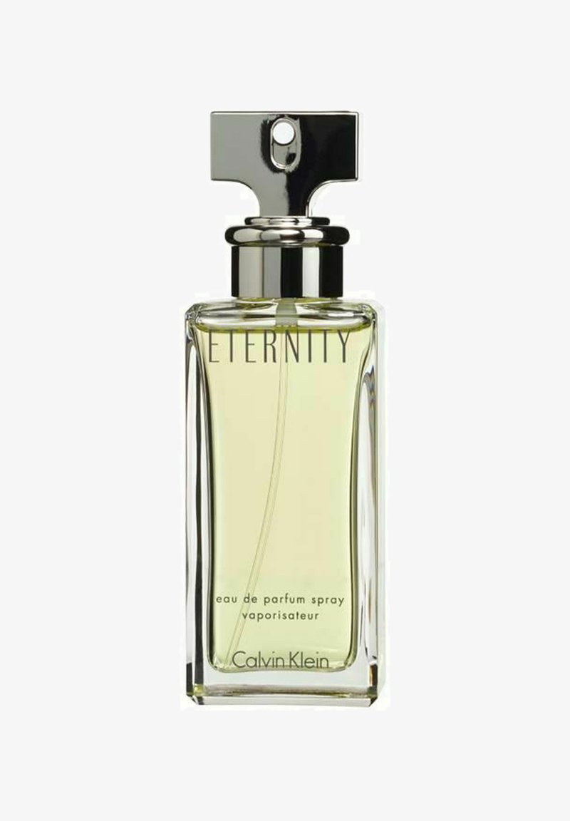 Calvin Klein Eternity hajuvesipullo; suorakulmainen lasi, hopeiset detaljit, kirkas neste, kohokuvioitu teksti edessä, minimalistinen muotoilu.