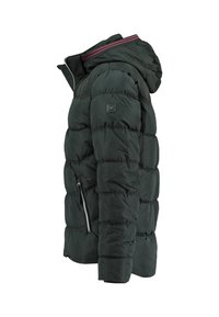 Veste matelassée noire avec capuche, design matelassé, poche latérale zippée, doublure intérieure contrastante et surface texturée.