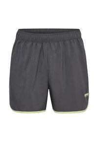 Grå sportshorts med elastisk midja, gröna detaljer längs fållen och en logotyp tryckt på framsidan till höger. Slät tygtextur.