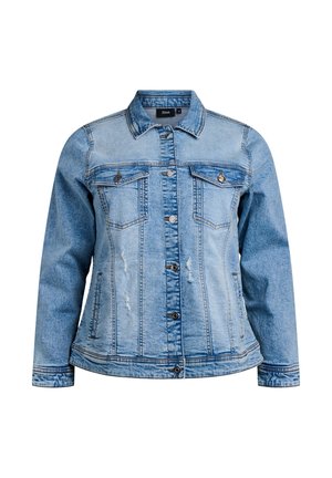 Světlá modrá denimová bunda se standardním límcem, dlouhými rukávy, dvěma náprsními kapsami, zdrsněnými detaily a knoflíkovým zapínáním.