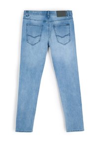 Jasnoniebieskie dżinsy o slim fit, z dwiema tylnymi kieszeniami w wzór chevron, bez widocznych ozdób, oraz z gładkim pasem.