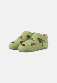 Grüne Wildleder-Schuhe mit geschlossener Zehenpartie und Ausschnitten, ausgestattet mit einer schwarzen Dinosaurier-Stickerei und einer Sohle aus natürlichem Gummi. Weicher Stoff und komfortables Design.