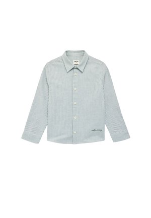 Pitkähihaiset nappikauluspaidat, joissa on ohuet pystysuorat sinivalkoiset raidat ja klassinen kaulus. Paidassa on pieni kirjailtu teksti lähellä helmaa.