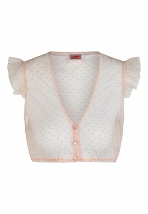 Durchscheinende weiße, gekürzte Bluse mit kleinen pinken Polka Dots, gerafften kurzen Ärmeln und Knopfleiste vorne.