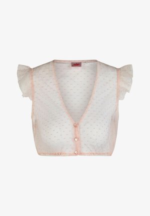 Transparante witte cropped blouse met kleine roze polka dots, gerimpelde korte mouwen en knoopsluiting aan de voorkant.