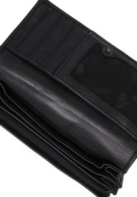 Black leather wallet featuring multiple card slots, a mesh ID window, and a zippered compartment for coins or small items.