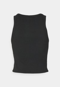 Top de tirantes negro con cuello redondo y diseño sin mangas. La tela tiene un acabado liso y texturizado y una silueta ajustada.