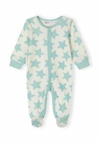 Body de manga larga en crema con un patrón de estrellas en azul claro, con cierres de presión en la parte delantera y diseño con pies. Material de algodón suave.