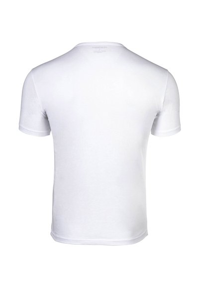 T-shirt bianca a maniche corte con scollo rotondo, mostrata da dietro, con tessuto liscio e pulito, senza loghi o disegni visibili.