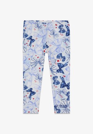 Leggings mit hellblauem Hintergrund, versehen mit verschiedenen blauen Schleifen und roten Herzen, elastischem Bund und "GUESS"-Logo am unteren Rand.
