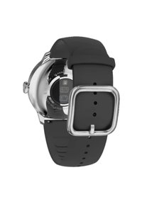 Orologio con cinturino in silicone nero, fibbia quadrata in metallo argento, cassa metallica rotonda e caratteristiche del sensore posteriore rialzato.