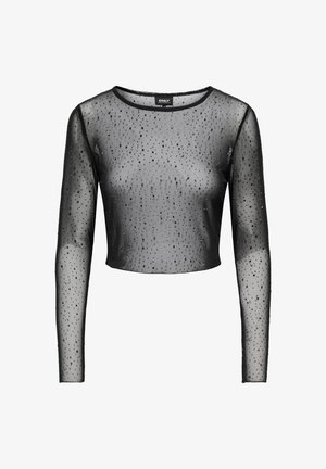 Must läbipaistev pika varrukaga top lühendatud lõikega, kaunistatud hajutatud hõbedaste aksentidega, ümara kaelusega ja vormitu istuvusega.